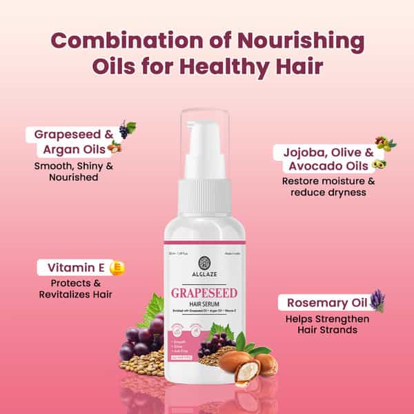Alglaze Grapeseed Hair Serum | Frizz Control | Grapeseed Oil Argan Oil & Vitamin E | 50Ml