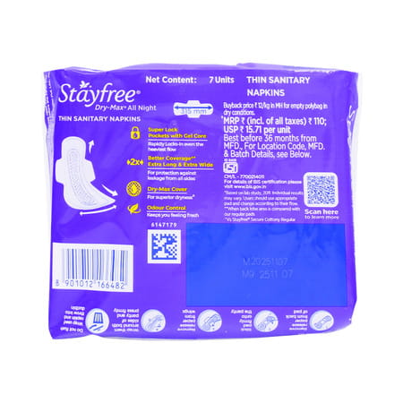 Stayfree Dry Max All Nights Ultra Dry Xxl Packet Of 7 Sanitary Pads