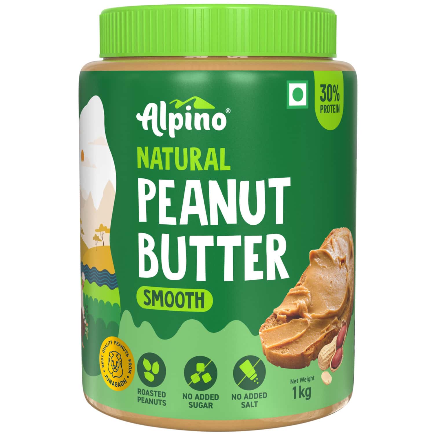 Alpino Natural Peanut Butter Smooth 1 Kg |30% High Protein Peanut Butter| Unsweetened Vegan