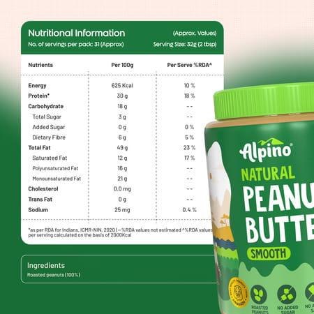 Alpino Natural Peanut Butter Smooth 1 Kg |30% High Protein Peanut Butter| Unsweetened Vegan