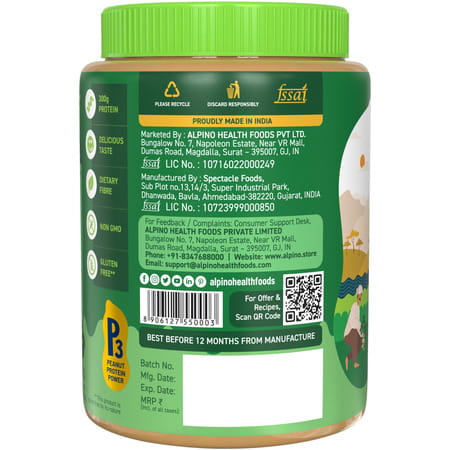 Alpino Natural Peanut Butter Smooth 1 Kg |30% High Protein Peanut Butter| Unsweetened Vegan