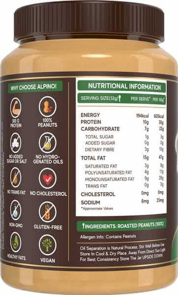 Alpino Natural Peanut Butter Smooth 1 Kg |30% High Protein Peanut Butter| Unsweetened Vegan