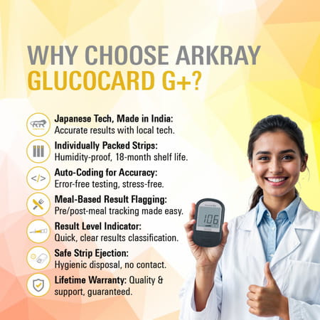 Arkray Glucocard G+ Blood Sugar Testing Machine With 10 Test Strip Free Sugar Free Gold (25 Sachets)