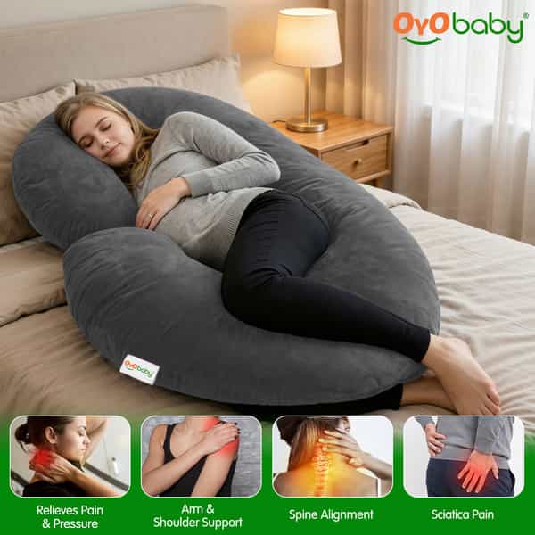 Oyo Baby Maternity Pillows With Washable Premium Velvet Cover | C-Shaped Maternity Pillow (Grey)
