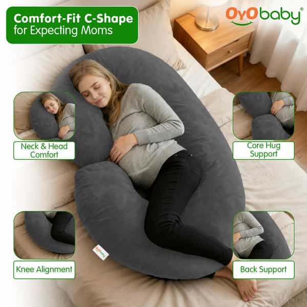Oyo Baby Maternity Pillows With Washable Premium Velvet Cover | C-Shaped Maternity Pillow (Grey)