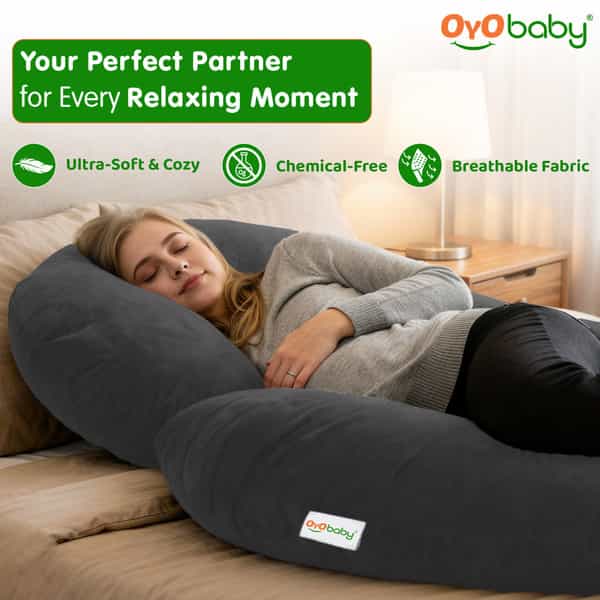 Oyo Baby Maternity Pillows With Washable Premium Velvet Cover | C-Shaped Maternity Pillow (Grey)
