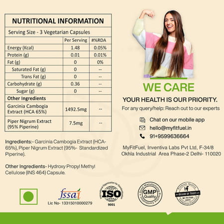Myfitfuel Garcinia Cambogia Extract (Hca 65%) With Piperine 95% | (1500Mg) | 180 Capsules