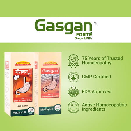 Medisynth Gasgan Forte Drops | Homeopathic Medicine For Acidity & Indigestion | B.no. 174 | 30Ml X2