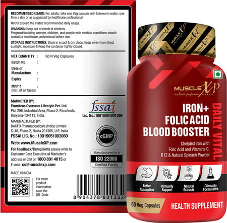 Musclexp Iron + Folic Acid Blood Booster Daily Vital 60 Veg Capsules (Pack Of 2)