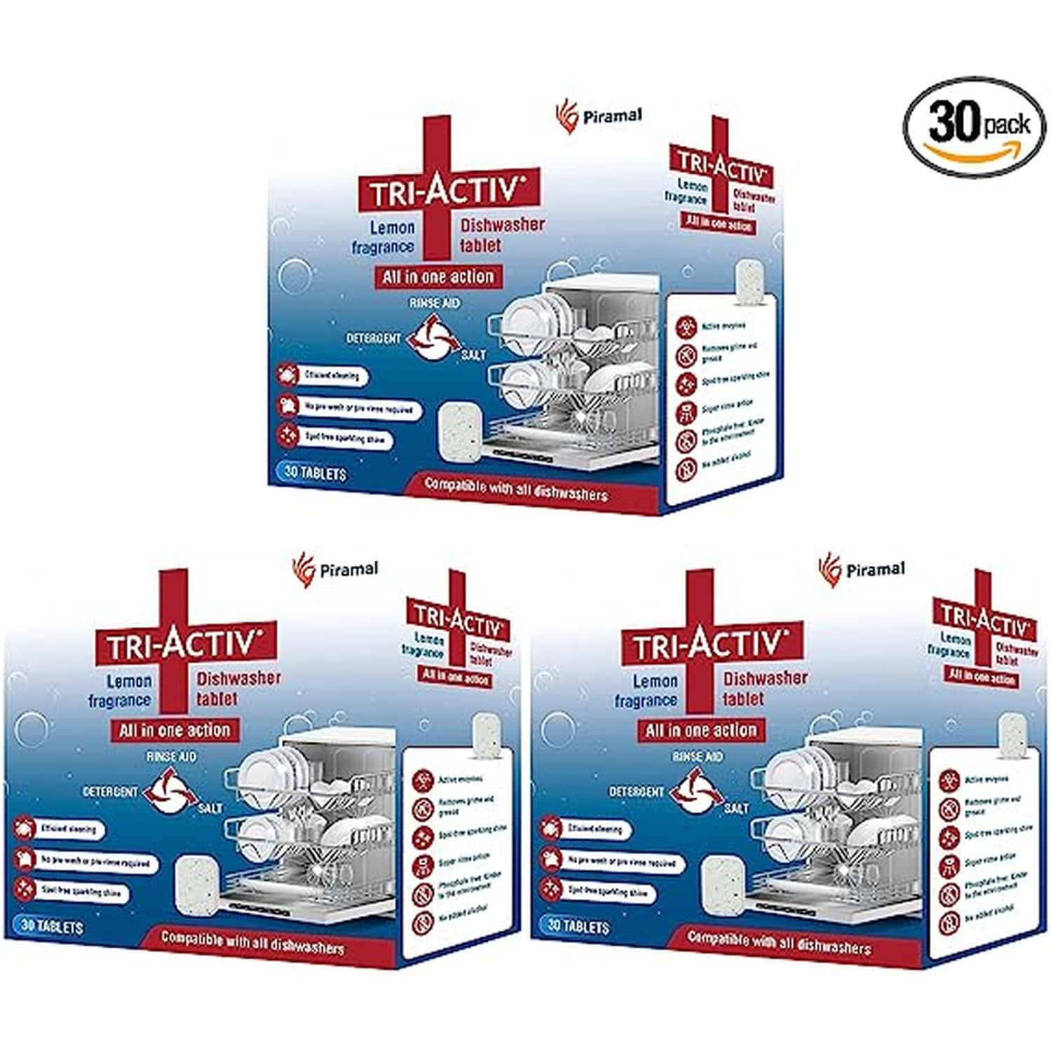 Tri-Activ All-In-One Dishwasher Tablet By Piramal I 30 Units I Lemon Fresh Fragrance (Pack Of 3)