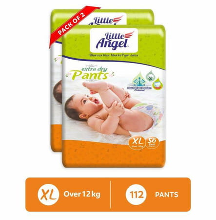 Little Angel Extra Dry Baby Pants Diaper Extra Large (Xl) 112 Count, Pack Of 2, 56 Count/Pack, 12 Kg