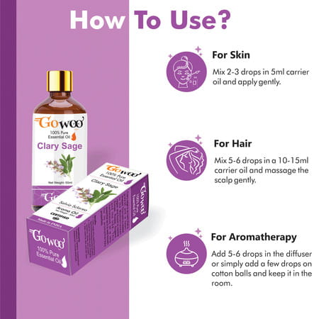 Go Woo 100% Pure Clary Sage Oil - Virgin & Undiluted For Skin Care & Hair 50 Ml