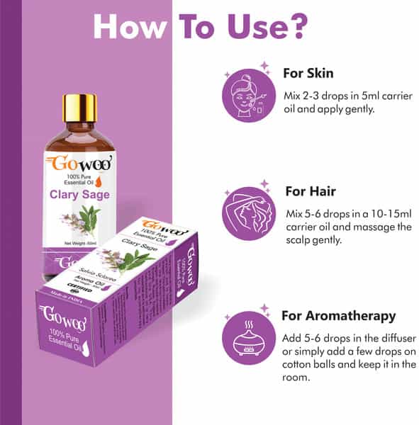 Go Woo 100% Pure Clary Sage Oil - Virgin & Undiluted For Skin Care & Hair 50 Ml