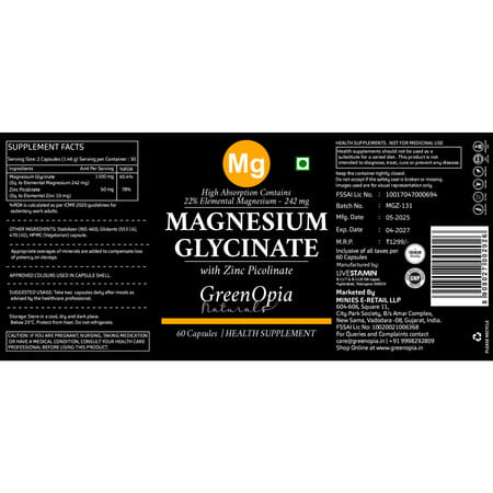 Greenopia Magnesium Glycinate With Zinc Picolinate | 60 Vegetarian Capsules
