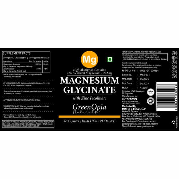 Greenopia Magnesium Glycinate With Zinc Picolinate | 60 Vegetarian Capsules
