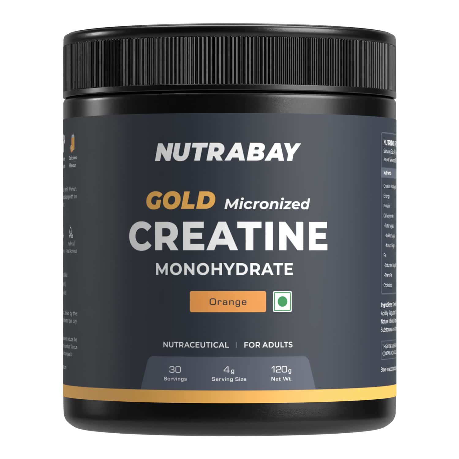 Nutrabay Gold Micronised Creatine Monohydrate Powder | Nabl Lab Tested | 3g/serving - 120g (orange)