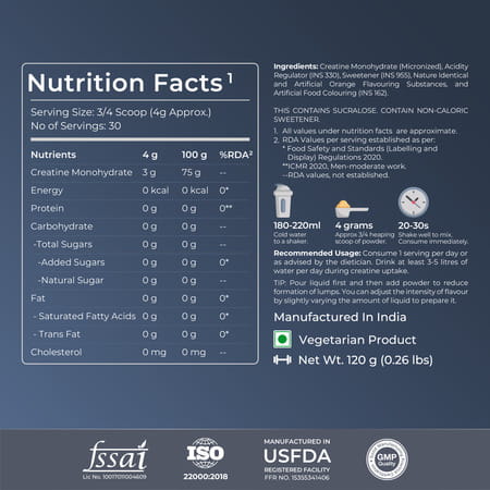 Nutrabay Gold Micronised Creatine Monohydrate Powder | Nabl Lab Tested | 3g/Serving - 120g (Orange)