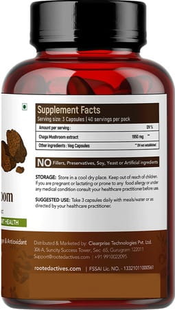 Rooted Actives - Chaga Mushroom Extract 1950mg* - Pure Fruit Body Extract - 120 Veg Capsules