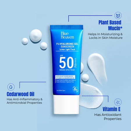 Blue Heaven 1% Hyaluronic Gel Sunscreen Spf50 Pa++++ | Sun Protection +Hydration With Vitamin E |50g
