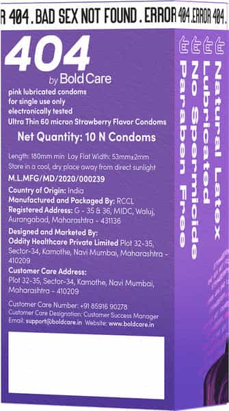 404 By Bold Care Ultra Thin Strawberry Flavor Condoms 60 Microns Disposable Pouches 30S