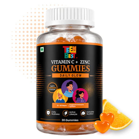 Healthbest Teens Vitamin C & Zinc Gummies For Daily Glow & Energy |Orange Flavour| 30 Gummies