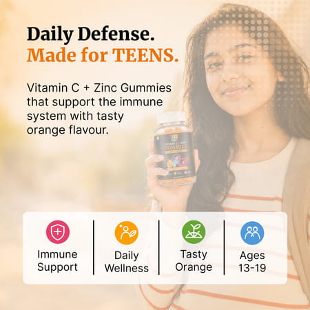 Healthbest Teens Vitamin C & Zinc Gummies For Daily Glow & Energy |Orange Flavour| 30 Gummies