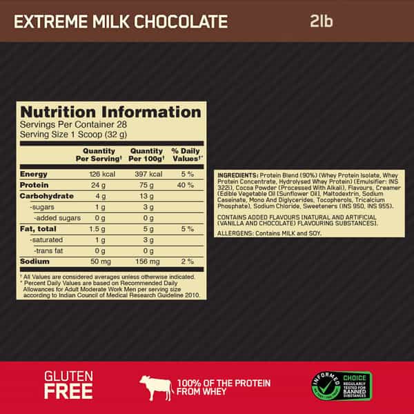 Optimum Nutrition (On) Gold Standard 100% Whey Protein Extreme Milk Chocolate Flavour 907Gm Powder