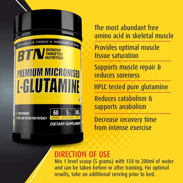 Btn Sports Premium Micronised L-Glutamine Powder | Unflavored | 300Gm | 60 Servings
