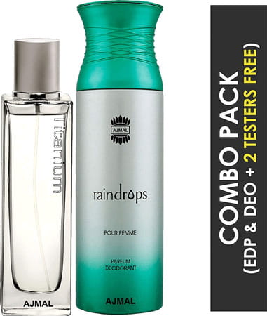 Ajmal Titanium Eau De Parfum 100ml Perfume For Men And Raindrops Femme Deodorant 200ml For Women