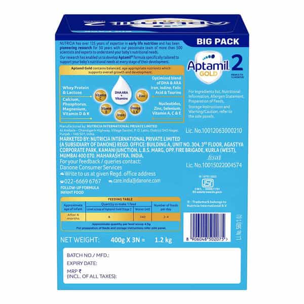 Aptamil Gold Follow Up Formula Powder - Stage 2 (6 To 12 Months) | Prebiotics & Dha 1.2 Kg
