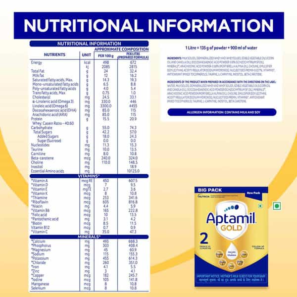 Aptamil Gold Follow Up Formula Powder - Stage 2 (6 To 12 Months) | Prebiotics & Dha 1.2 Kg