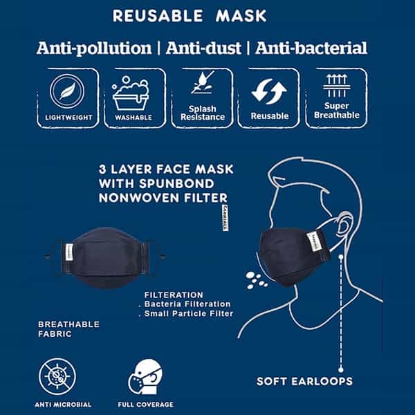 Carriall Adult Unisex 3 Layer Reusable Washable Cotton Mask (Camsm085) Pack Of 3