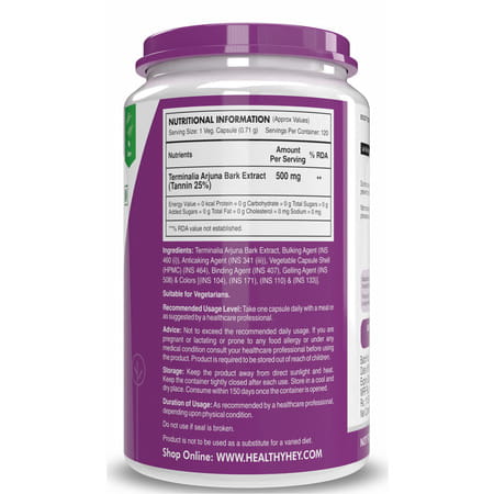Healthyhey Nutrition Terminalia Arjuna Bark Extract - Tannin 25% - 120 Veg Caps.