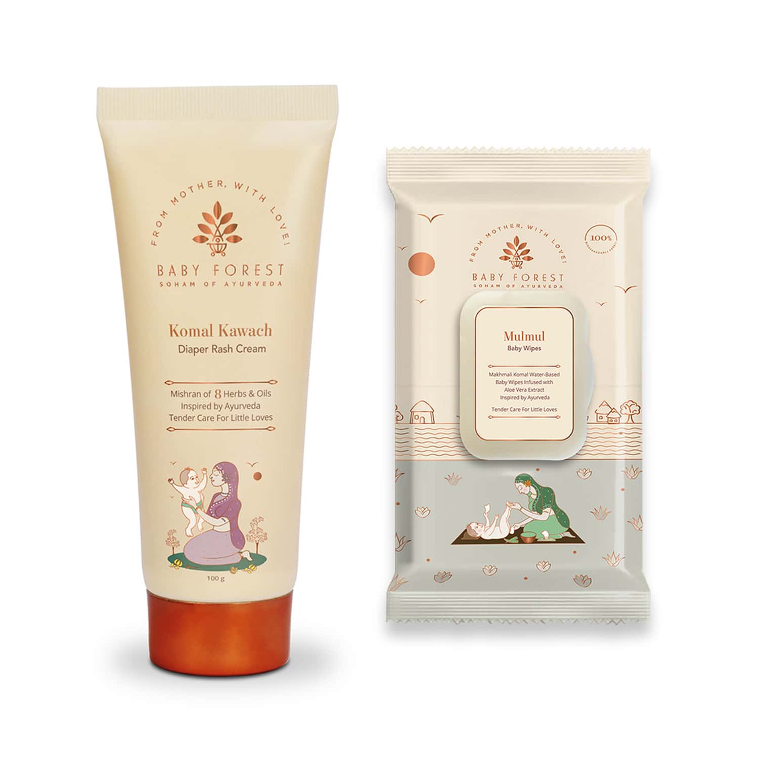 Baby Forest Komal Kawach Diaper Rash Cream- 100gm & Mulmul Baby Wipes- 72 Wipes