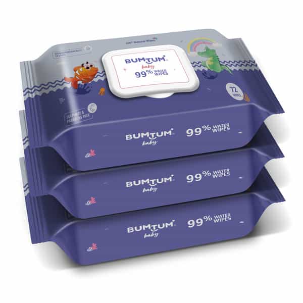 Bumtum Baby Gentle 99% Pure Water Wet Wipes With Lid Paraben Free (Pack Of 3 | 72 Pcs. Per Pack)