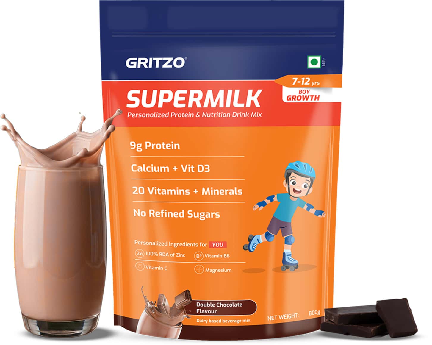 Gritzo Supermilk Growth (7-12y Boys) | 9g Protein (Double Chocolate | 800g) | Zero Refined Sugar