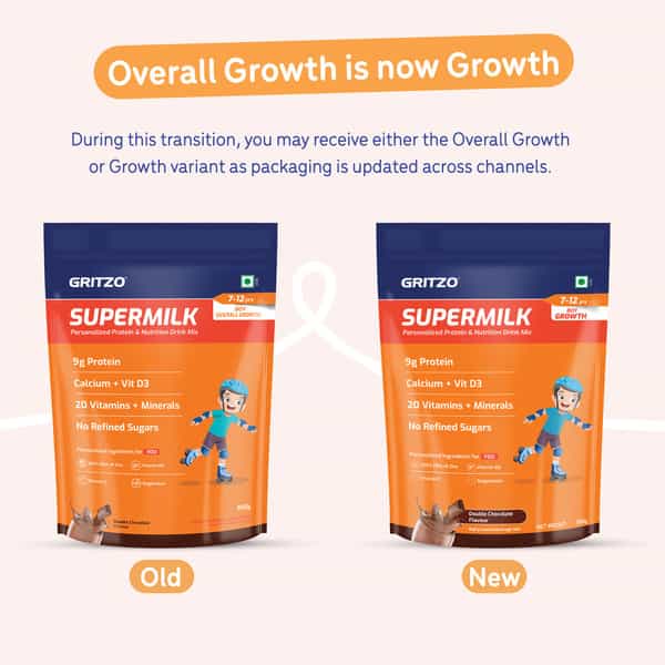 Gritzo Supermilk Growth (7-12Y Boys) | 9G Protein (Double Chocolate | 800G) | Zero Refined Sugar