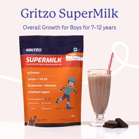 Gritzo Supermilk Overall Growth (7 - 12Y Boys) | 9G Protein Powder (Double Chocolate | 800G)