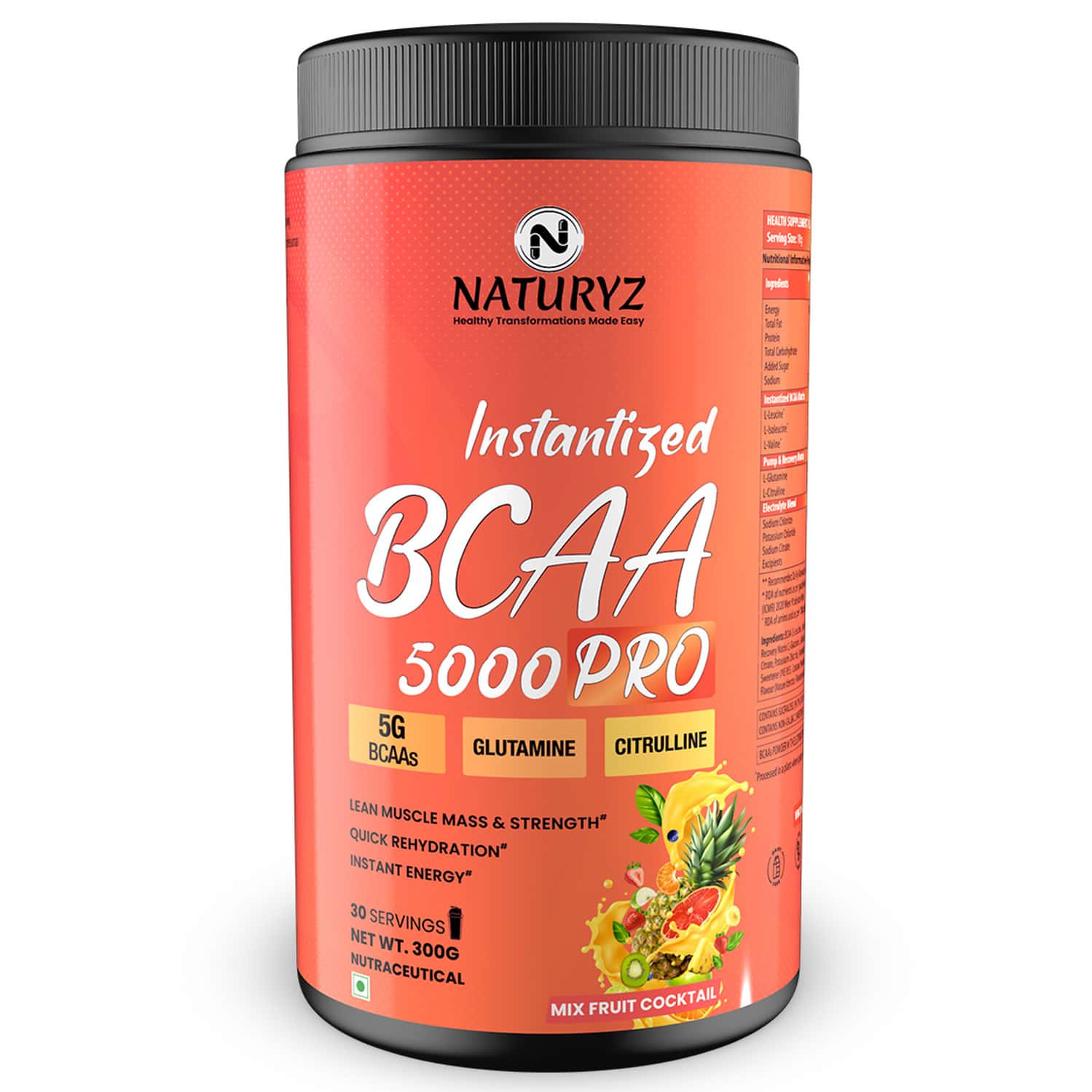 Naturyz Instantized Bcaa 5000 Pro With 5g Bcaas Glutamine For Lean Muscle - 300g(mix Fruit Cocktail)