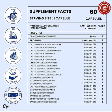 Carbamide Forte Probiotics 50 Billion Cfu With Prebiotics 150 Mg Supports Digestion 60 Capsules