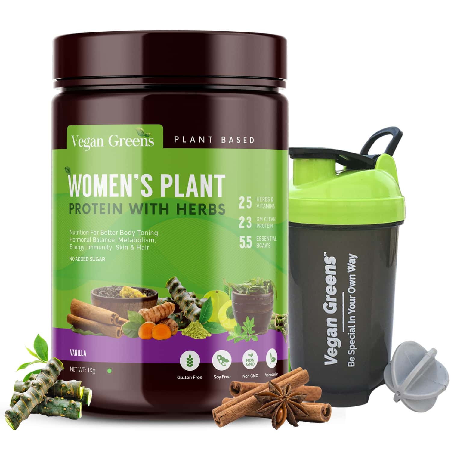 Vegan Greens Clean Women Plant Protein + Ayurvedic Herbs Vitamins Mineral (1kg | Vanilla + Shaker)