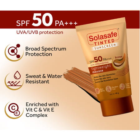 Solasafe Tinted Sunscreen Gel | Spf 50 | Lightweight Mousse Bronze 40 Gm