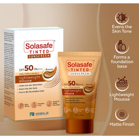 Solasafe Tinted Sunscreen Gel | Spf 50 | Lightweight Mousse Bronze 40 Gm