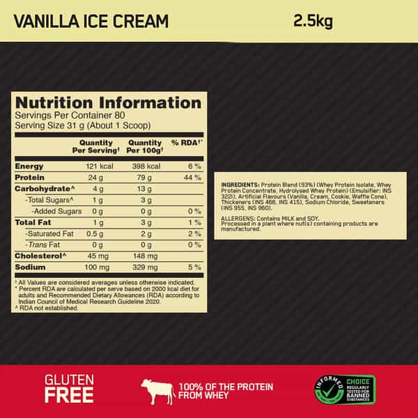 Optimum Nutrition (On) Gold Standard 100% Whey Protein Vanilla Ice Cream 2.27Kg+10% Extra 2.5 Kg