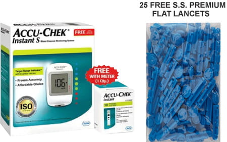Accu-chek Instant S Glucometer Kit (with Free 10 Strips)+25 Free S.s Premium Flat Lancets