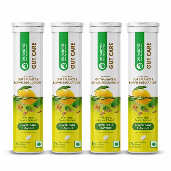 Dr. Vaidya's Gut Care Effervescent Tablets | Helps Gut Health | Nimbu Pani | 15N (Pack Of 4)