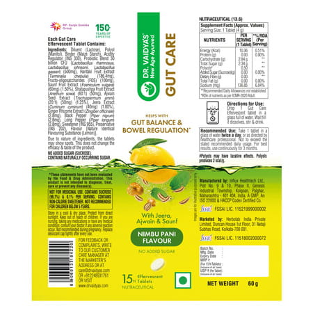 Dr. Vaidya'S Gut Care Effervescent Tablets | Helps Gut Health | Nimbu Pani | 15n (Pack Of 4)