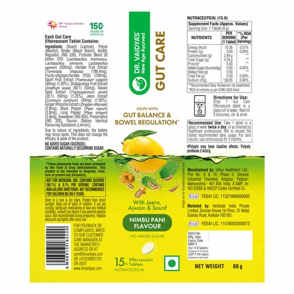 Dr. Vaidya's Gut Care Effervescent Tablets | Helps Gut Health | Nimbu Pani | 15N (Pack Of 4)