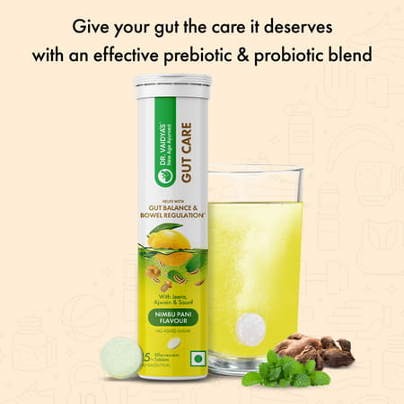 Dr. Vaidya'S Gut Care Effervescent Tablets | Helps Gut Health | Nimbu Pani | 15n (Pack Of 4)