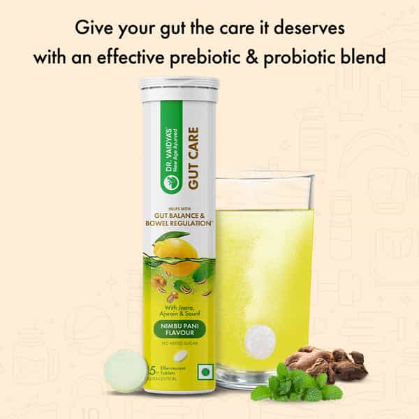 Dr. Vaidya's Gut Care Effervescent Tablets | Helps Gut Health | Nimbu Pani | 15N (Pack Of 4)